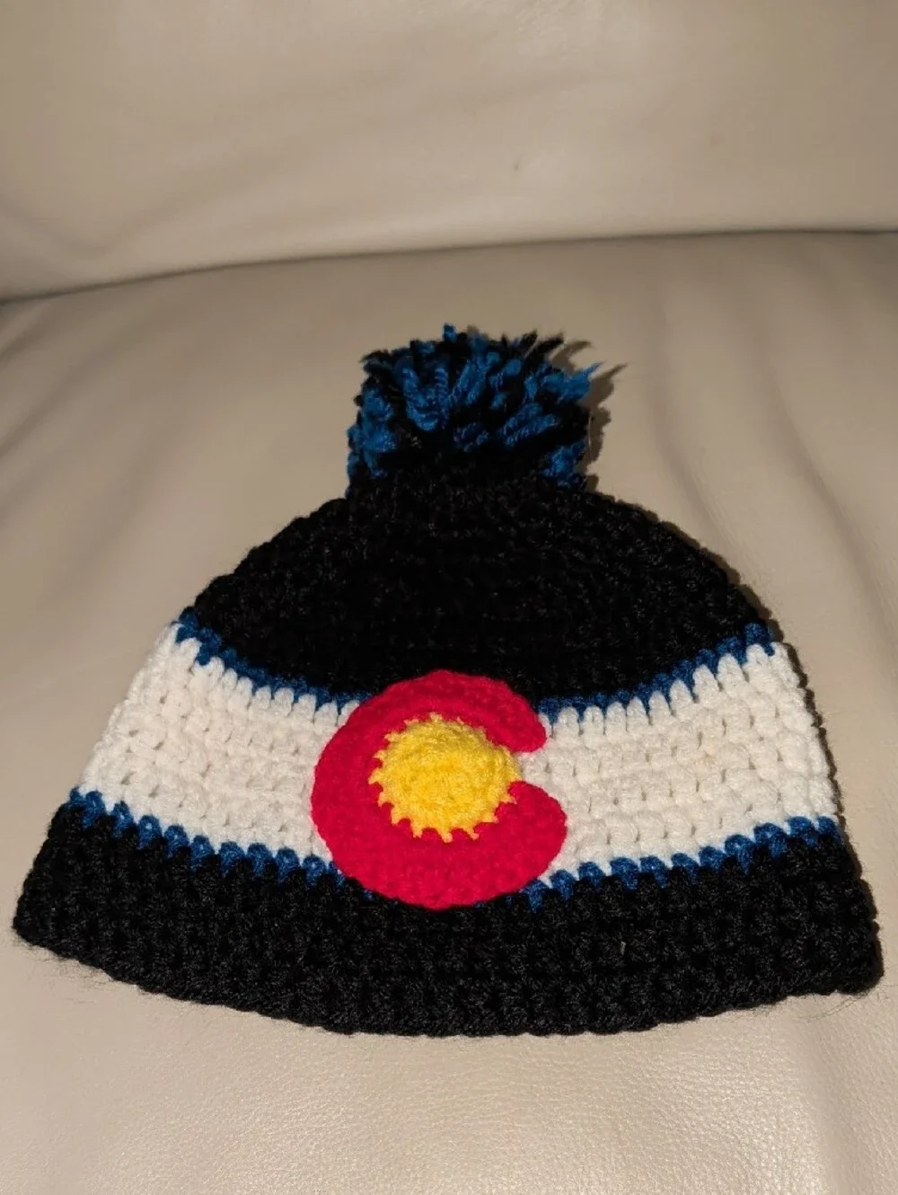 Kids Pom Beanie with Colorado State Flag 'C' Accent - Crochet Handmade Ski